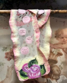 Agnes Foss - Felted Merino Scarf / Wrap - Pink Roses on Cream Background with Pink Edging and Organza Insert